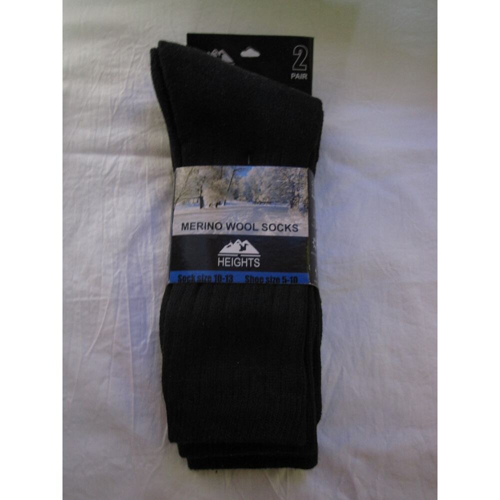 NEW Heights Merino Wool 2 Pair Socks size 10-13 Long Crew Cut Black Wicking Temp